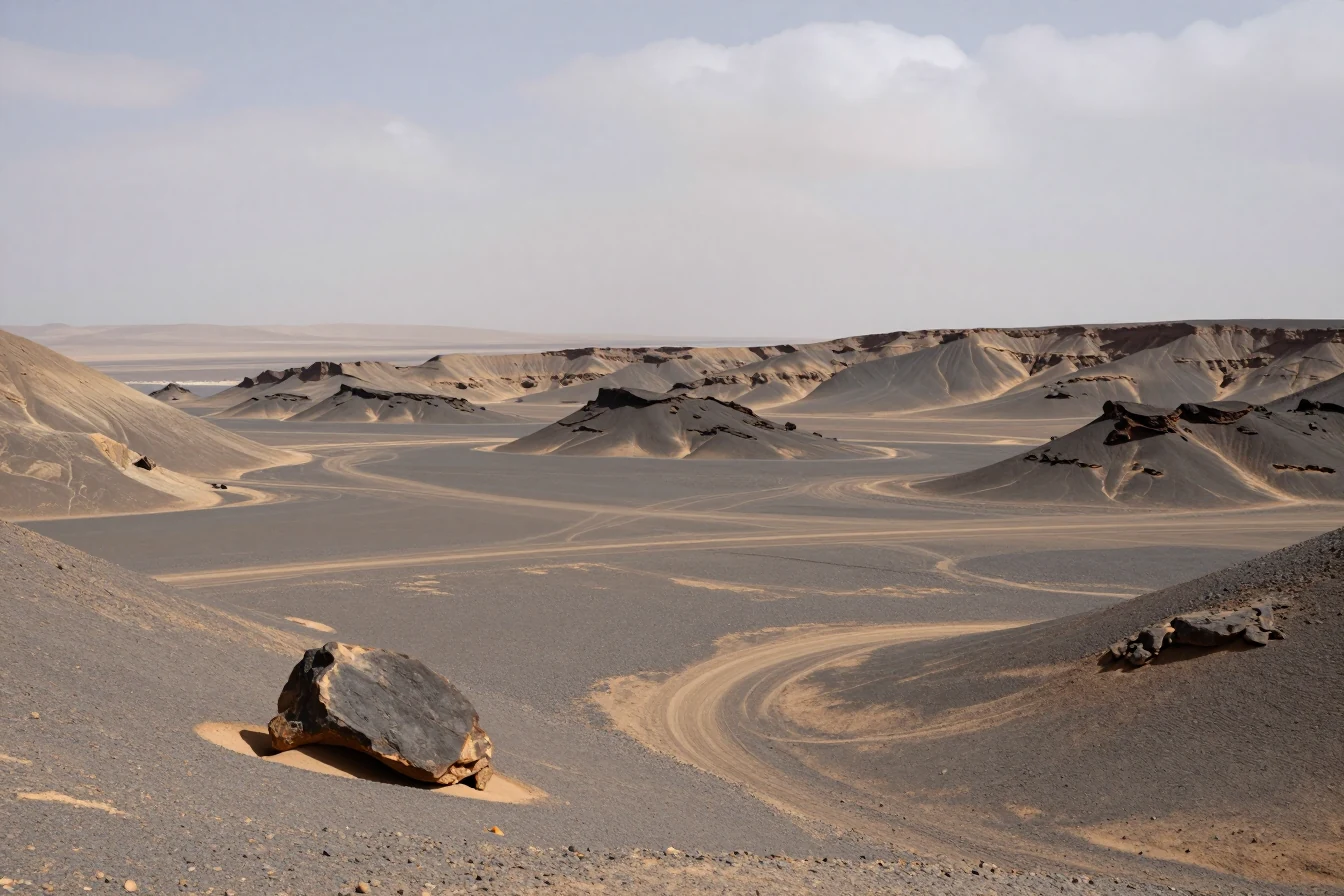 Generated nature study of a broad ancient eroded volcanic basin in the coastal Namib