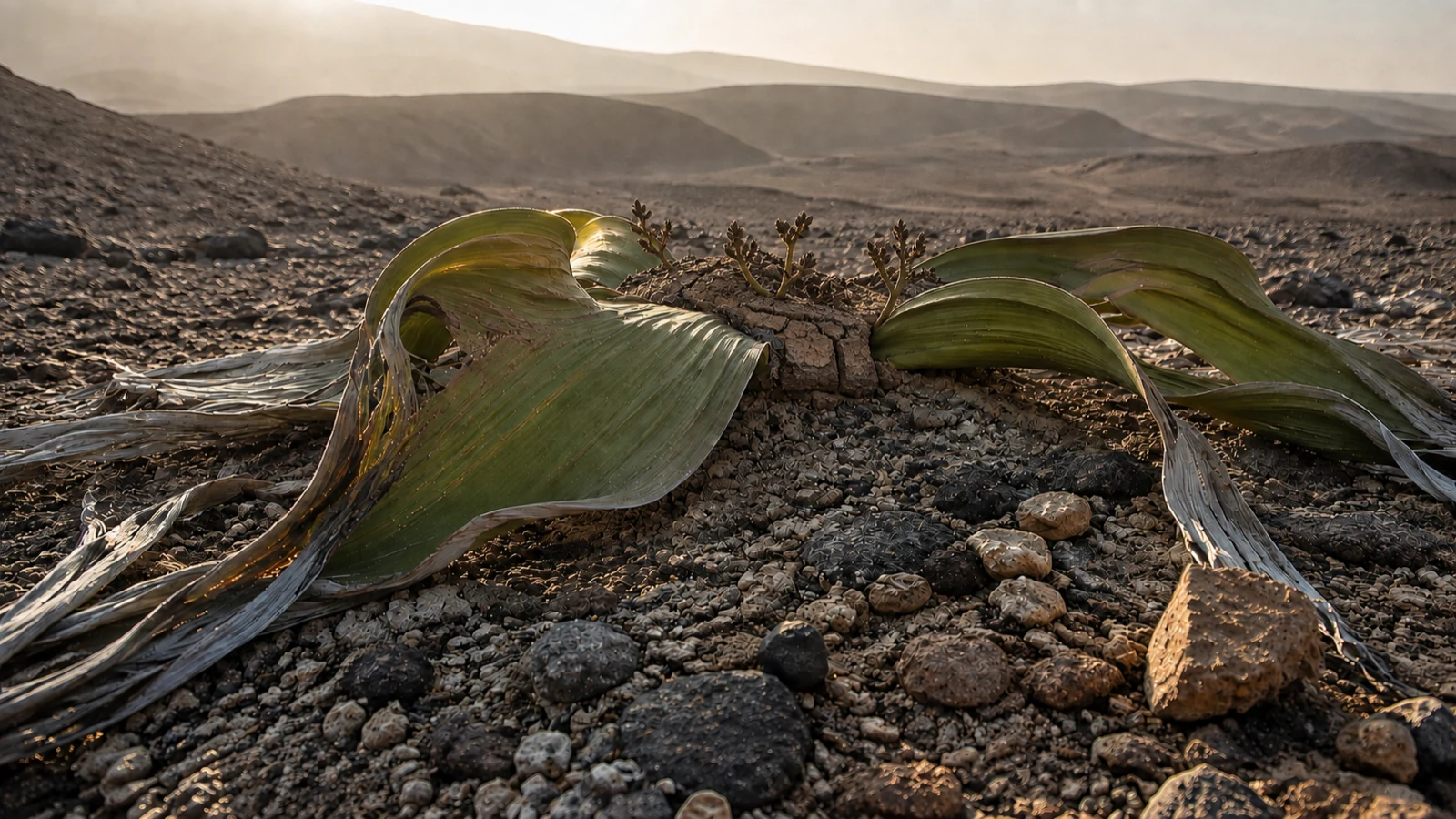 Welwitschia leaves spread across stony desert ground